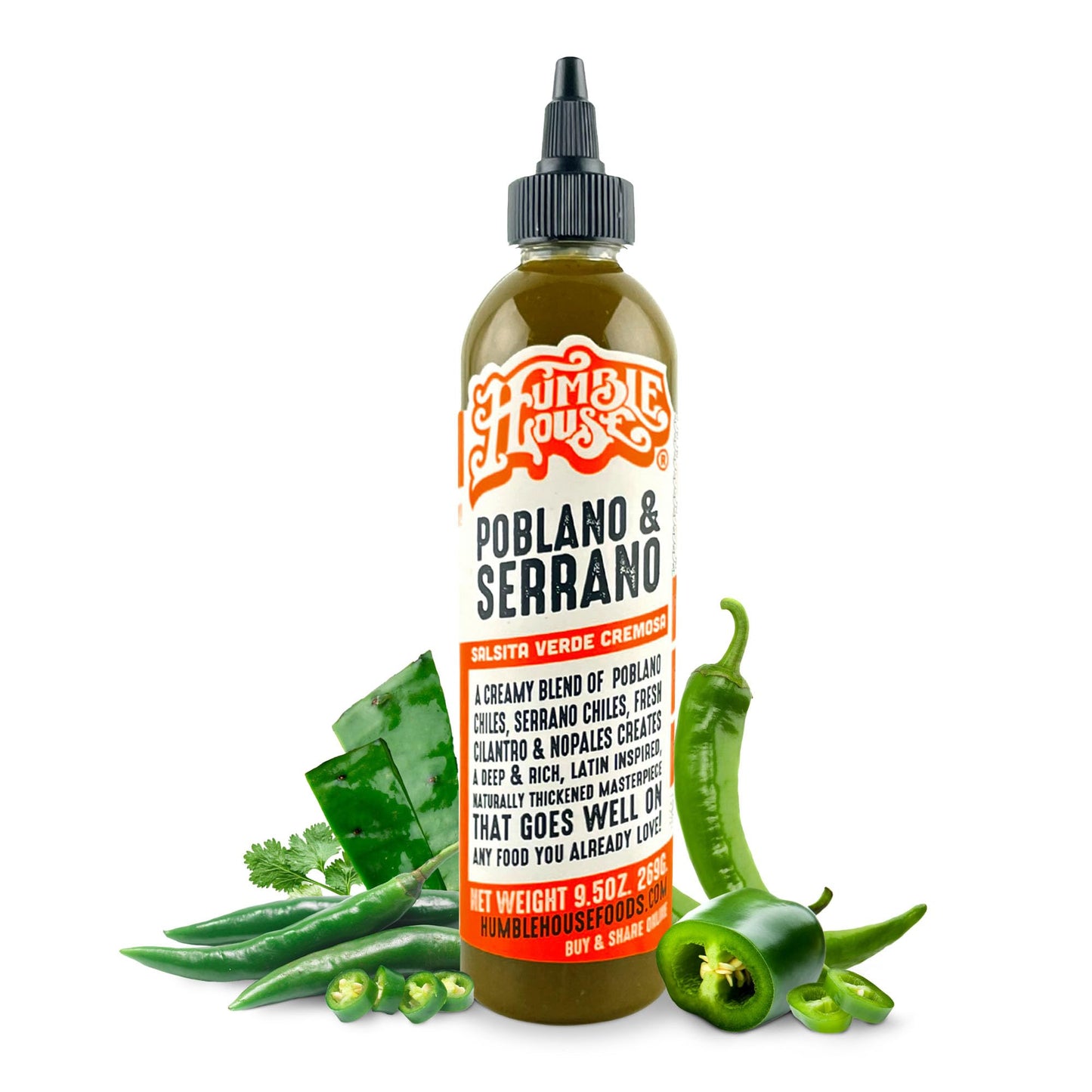 Humble House - Poblano & Serrano Pepper Hot Sauce, Zero-Calorie Low-Sodium Vegan Condiments for Chicken Wings, Steak, Enchiladas, Tamales, Tacos