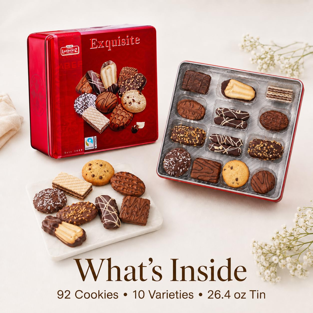 Lambertz European Cookie Tin - 92 Cookies, 10 Varieties - Ready To Serve And Gift-Ready For Sweetheart Sharing And Office Treats - 26 Ounces