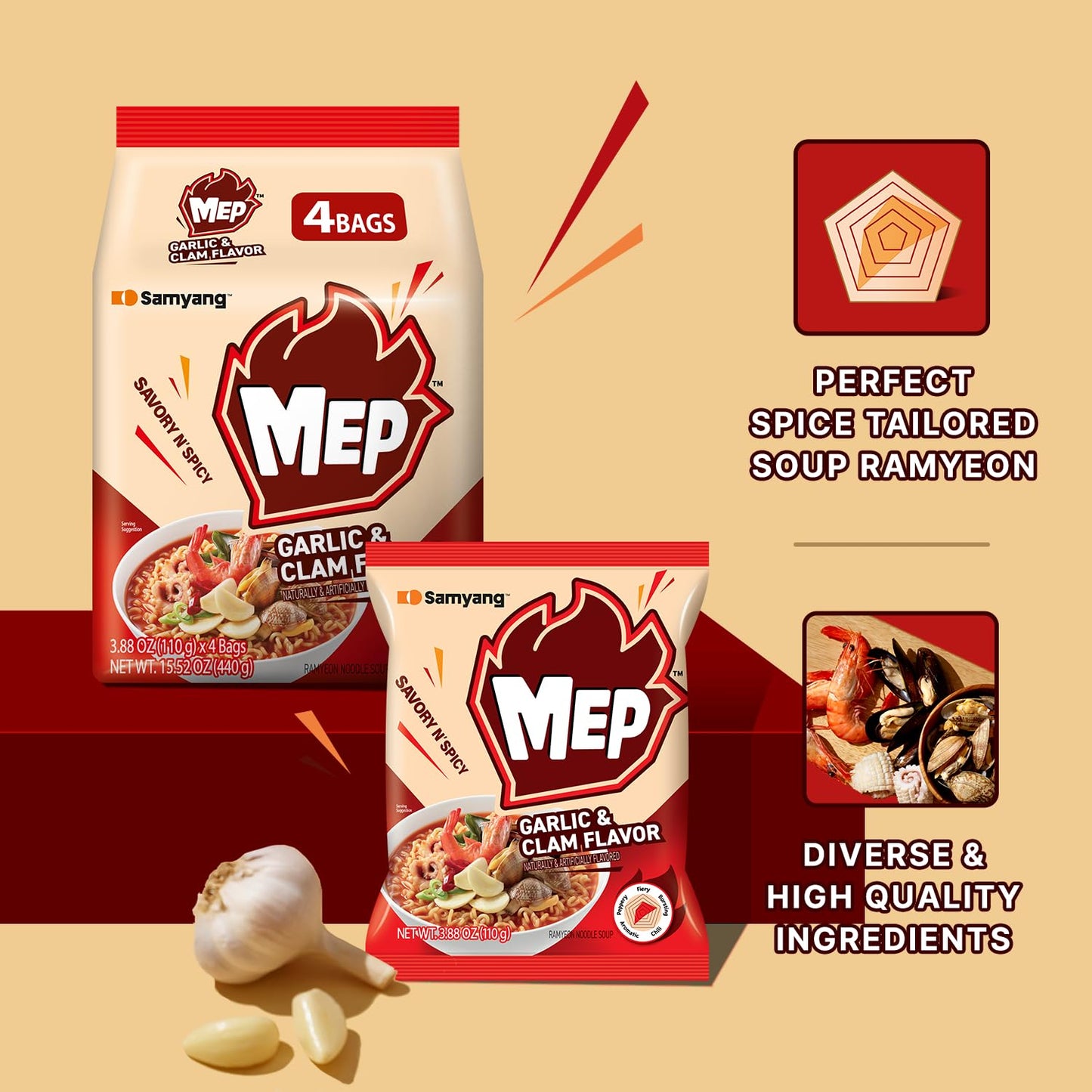 Samyang MEP Garlic Clam Ramen, Spicy Korean Instant Bag Noodle Soup, Refreshing Seafood Broth Ramyeon, Easy Cook Noodles, 3.88 oz (Pack of 4 Bags)
