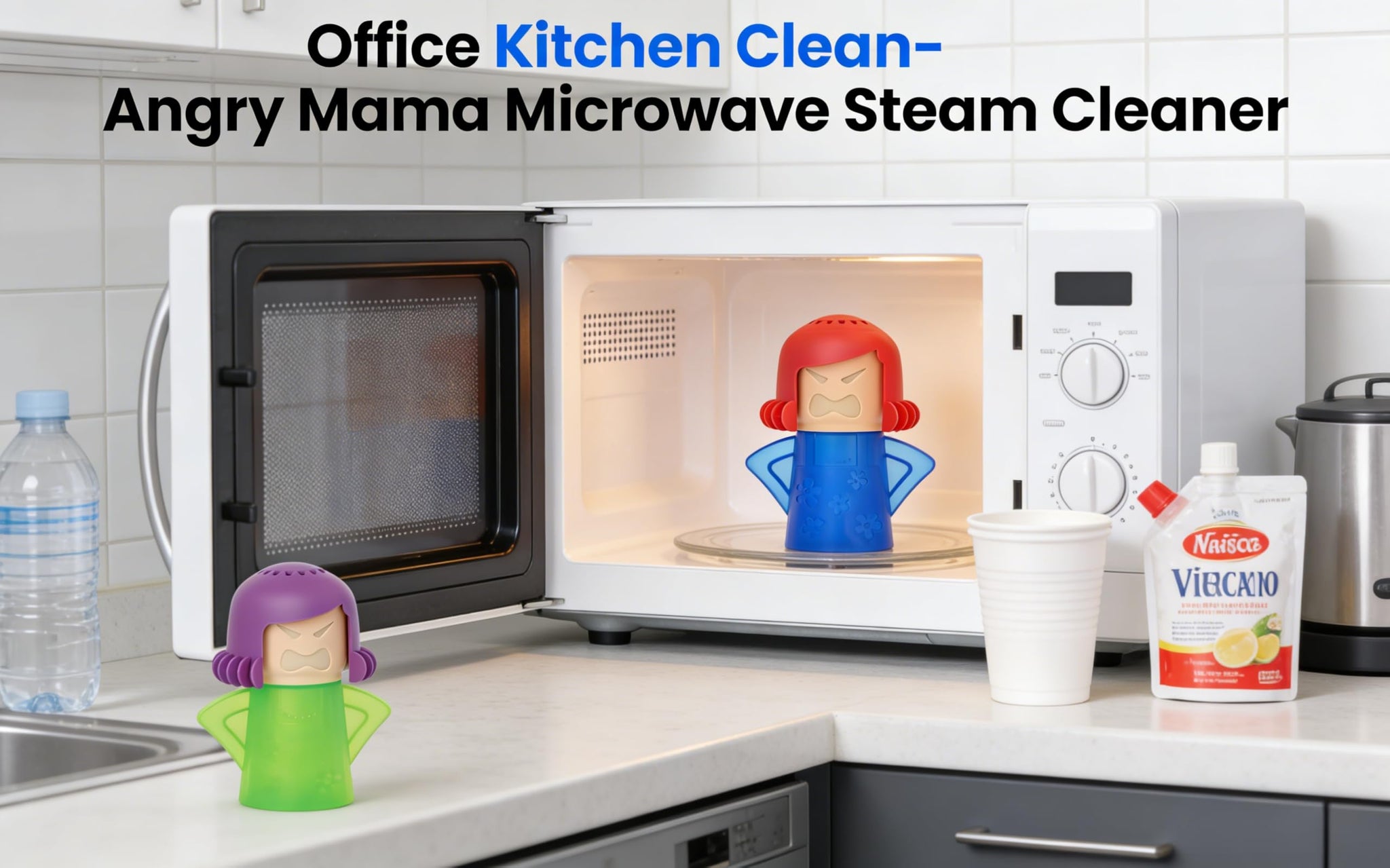 MAGIKON 2-Pack Angry Mama Microwave Steam Cleaner - Cleans & Disinfects with Vinegar & Water for Kitchen, Office & Dorm (Green & Blue)