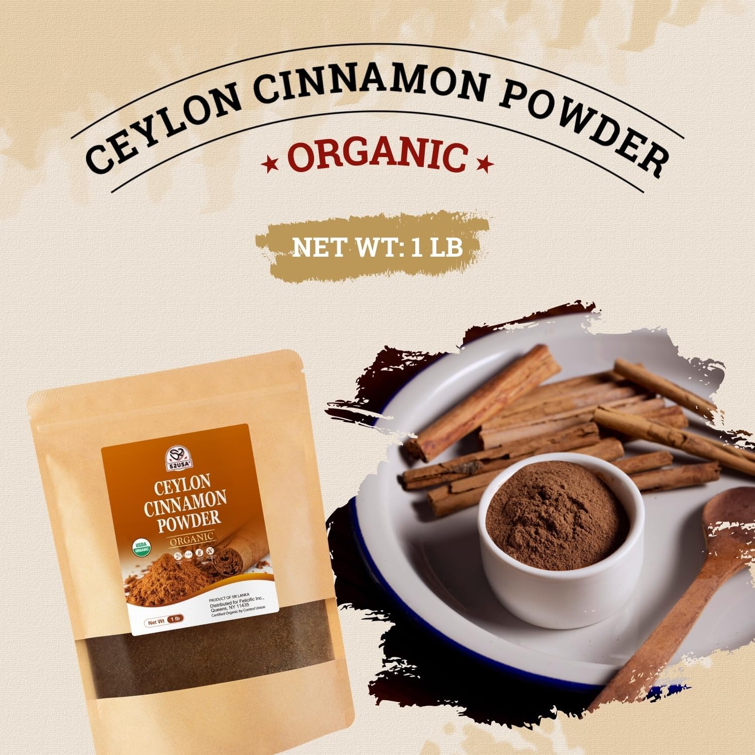 52USA Organic Ceylon Cinnamon Powder, 1lb Resealable Bag | True Cinnamon from Sri Lanka, Non-GMO, Gluten-Free, Freshly Ground for Baking, Cooking