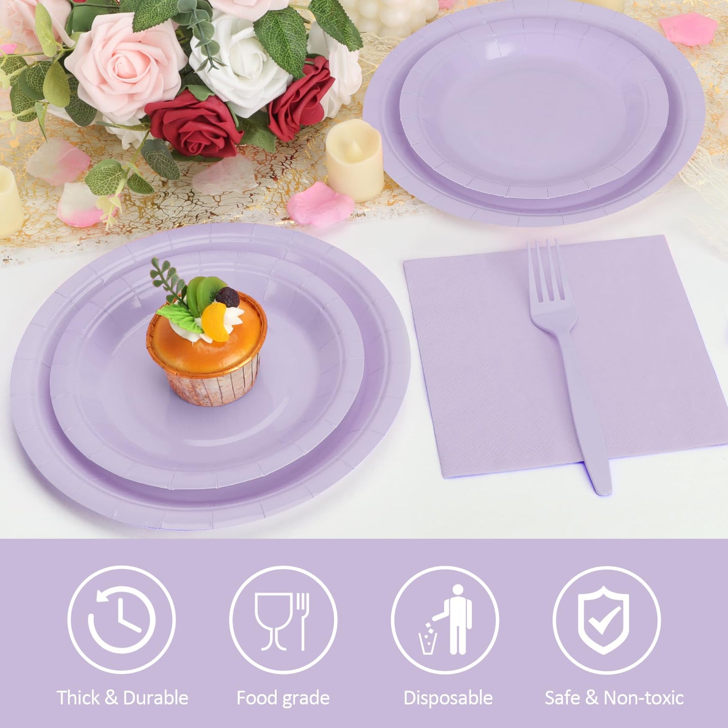 Lavender Plates and Napkins Party Supplies, Include 9’’ Disposable Paper Plate, 7’’ Dessert Plates and Cups and Napkins Forks Set for Birthday