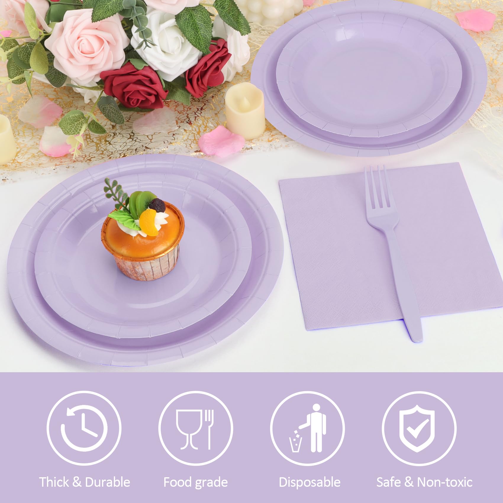 Lavender Plates and Napkins Party Supplies, Include 9’’ Disposable Paper Plate, 7’’ Dessert Plates and Cups and Napkins Forks Set for Birthday