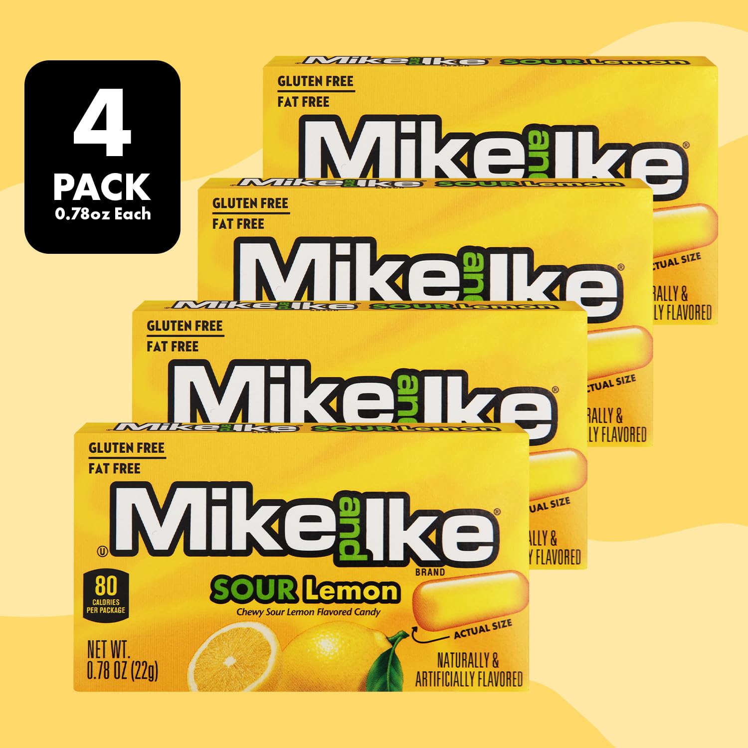 Mike and Ike Sour Lemon Candy, 4 Pack of Movie Theater Boxes 0.78OZ Each, Ideal for Your Favorite Films, Perfect Candy for Sharing with Friends.