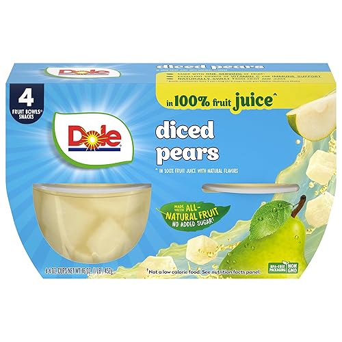 Dole Diced Pears in 100% Juice - Dole Fruit Bowls Snacks - 4 oz Fruit Bowls - 4 Pack