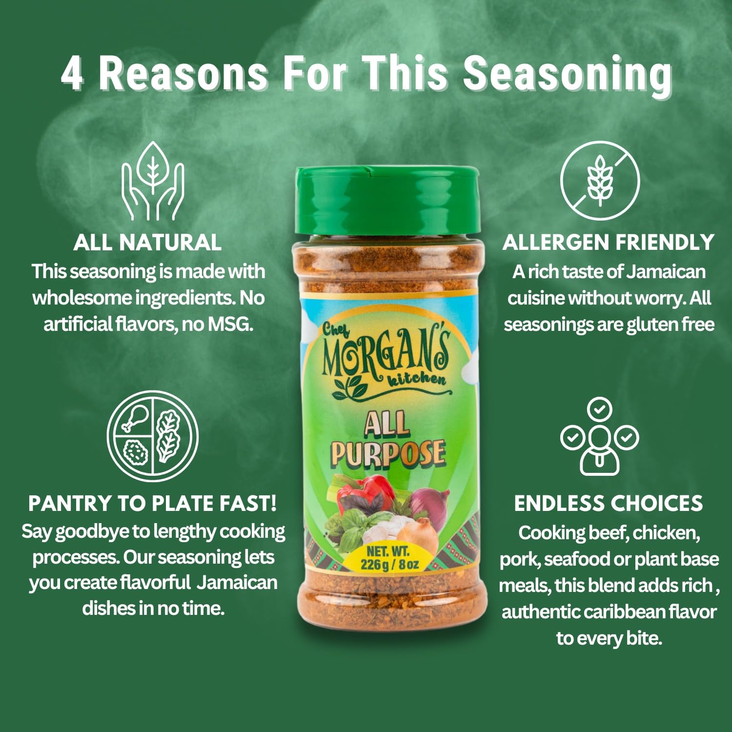 Chef Morgan's Kitchen Real Jamaican All Purpose Seasoning 8 oz - Natural Herbs and Spices for Cooking - Authentic Tropical Flavor - Versatile Spice