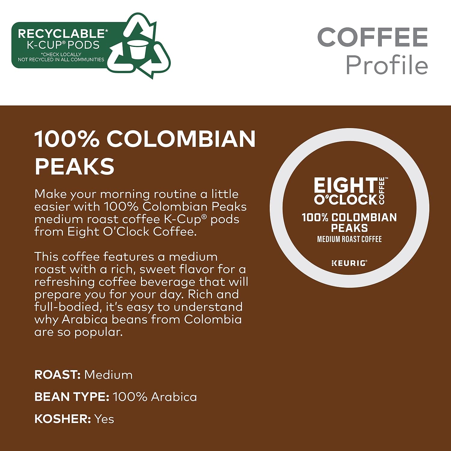 Eight O Clock Coffee, Colombian Peaks, 72 Count