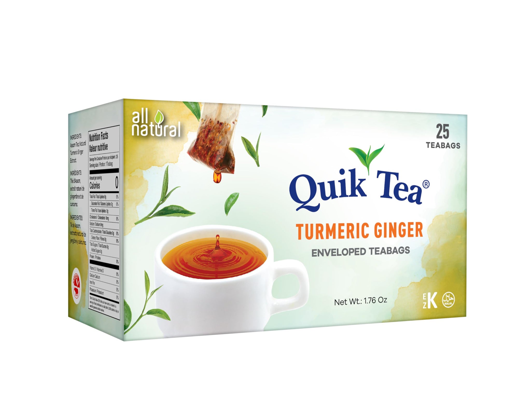 QuikTea Turmeric Ginger Tea Bags - 25 Count - All Natural, Preservative Free - Low Caffeine, Natural Turmeric and ginger Extracts - Warming