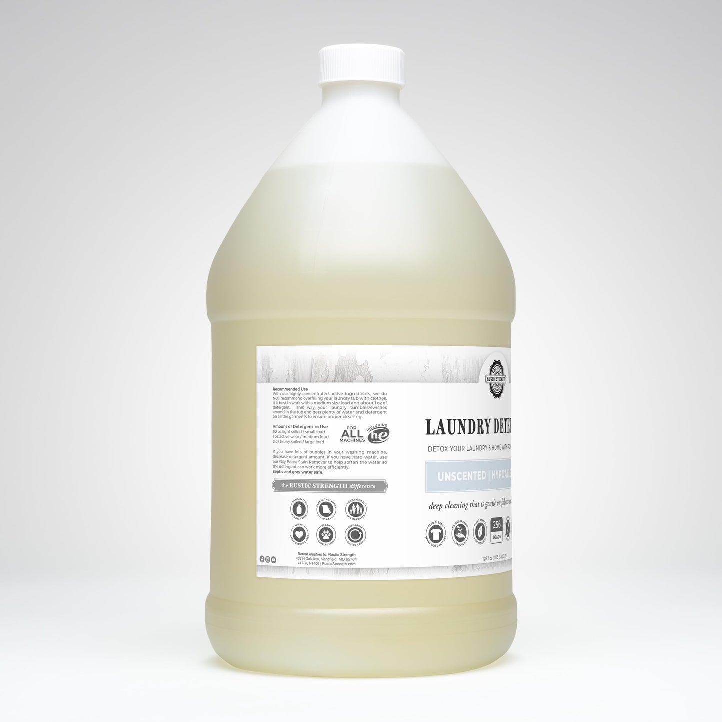 Rustic Strength Natural Laundry Detergent, Liquid, Unscented, Sensitive Skin, HE Compatible, 1 Gallon, Plastic