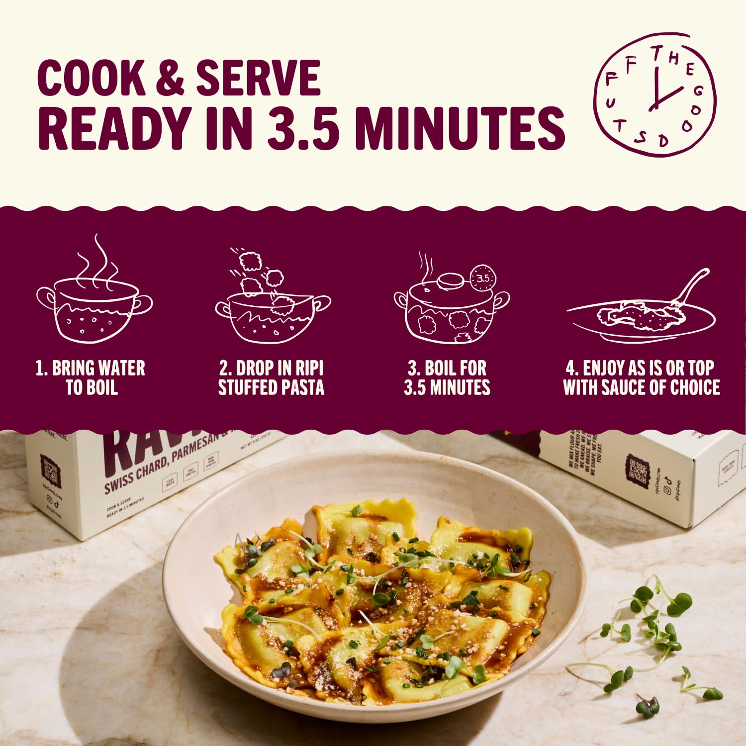 Ripi Braised Short Rib Ravioli - Red Wine, Swiss Chard & Parmesan - Frozen Pasta Meal - Ready in Under 5 Minutes, 9oz packs (6 Pack, Beef Short Rib)