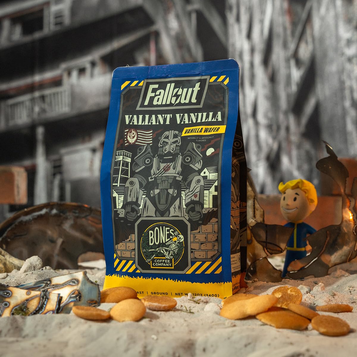 Bones Coffee Company Fallout Valiant Vanilla, Vanilla Wafer Flavored Coffee, Medium Roast Low Acid Arabica Beans Compatible with Auto drip and French