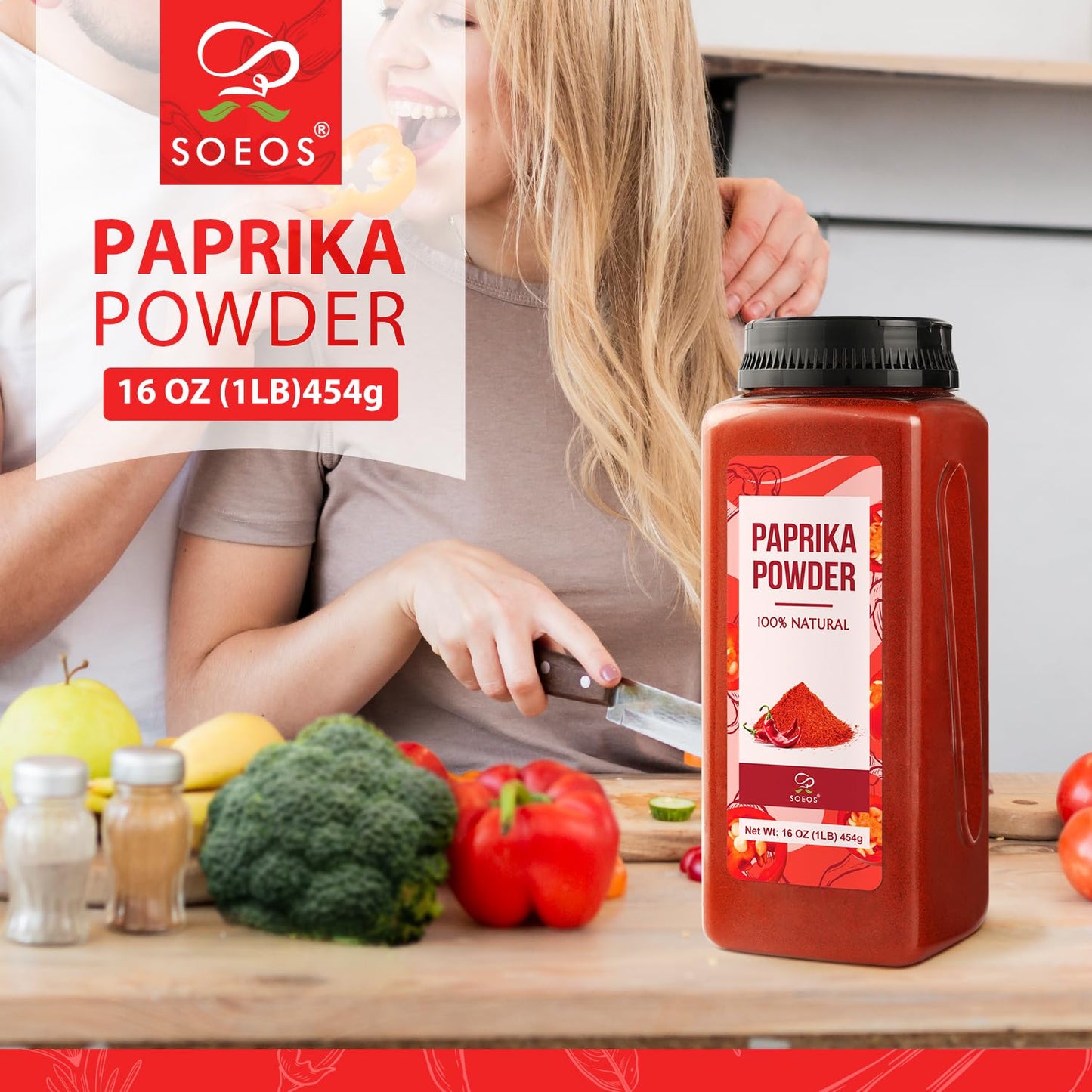 Soeos Paprika Powder, 16 oz (Pack of 1), Sweet Paprika Seasoning for Marinade, Cooking, Grilling, Dipping, Perfect for Chicken, Pork, Beef