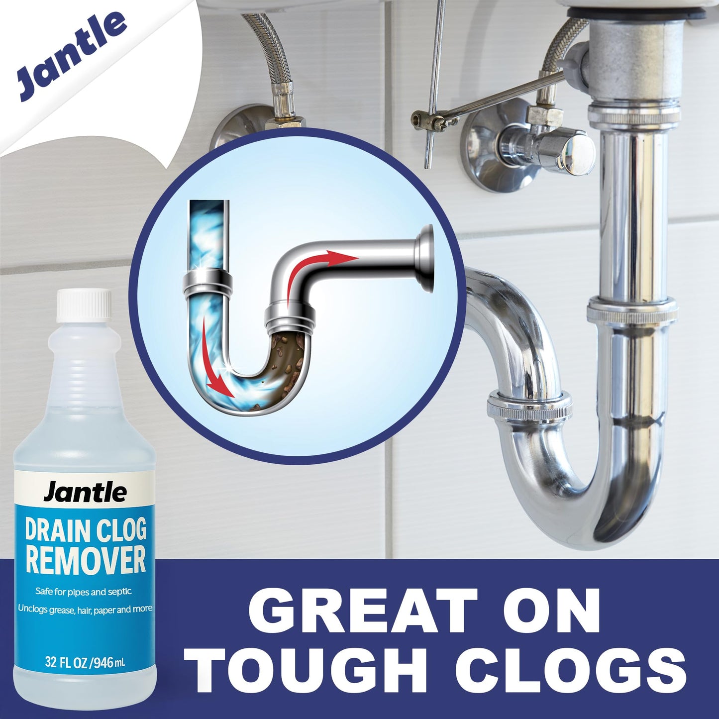 Drain Clog Remover - 12 Pack, 32 oz Bottles Powerful Drain Cleaner Liquid for Shower, Sink, and Toilet - Dissolves Hair, Grease, Paper, Fat, Oil