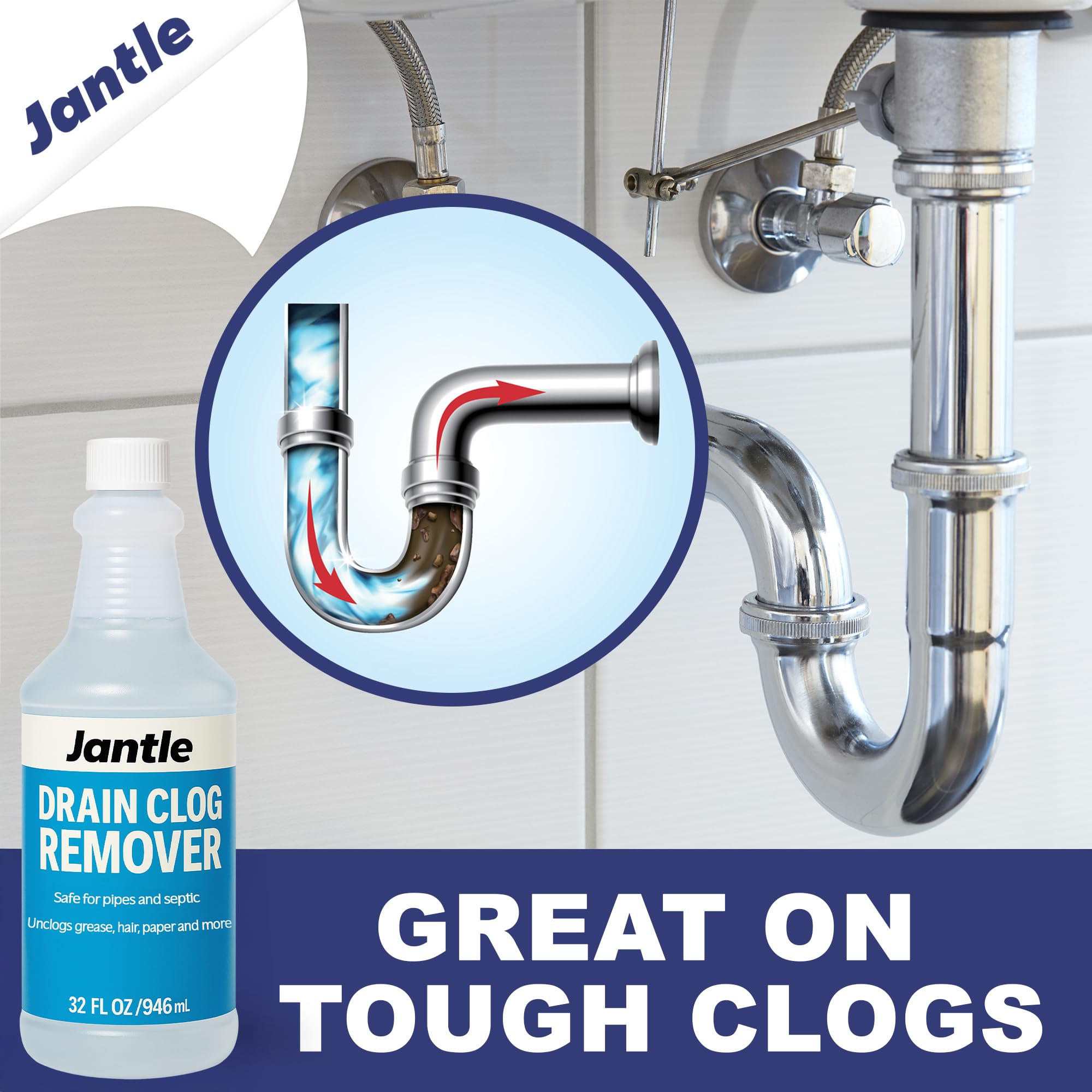 Drain Clog Remover - 12 Pack, 32 oz Bottles Powerful Drain Cleaner Liquid for Shower, Sink, and Toilet - Dissolves Hair, Grease, Paper, Fat, Oil