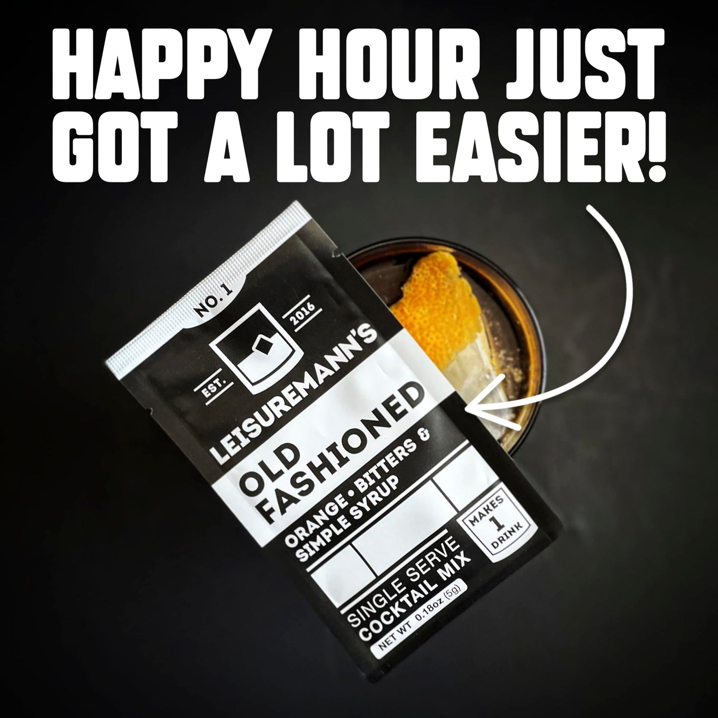 Leisuremann's Old Fashioned Single Serve Cocktail Mixer - Cocktail or Mocktail Powders Designed to Make Happy Hour Easier - All Natural - Low Sugar