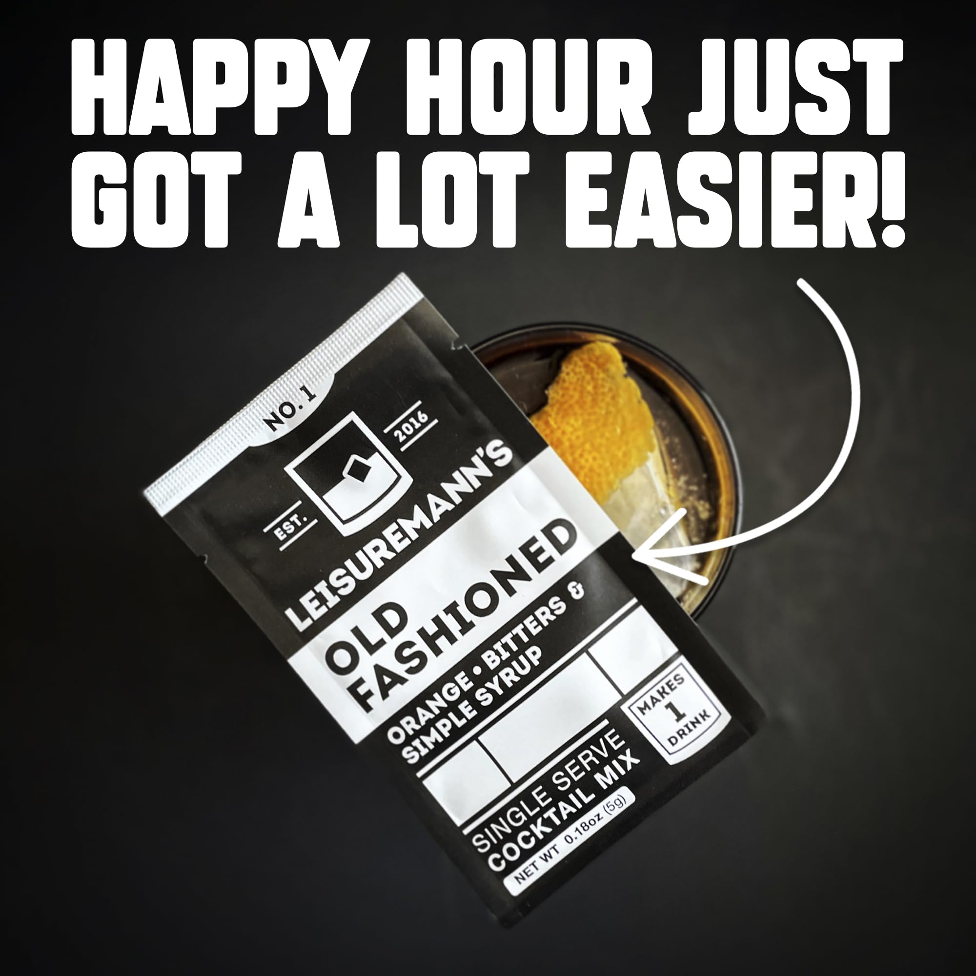 Leisuremann's Old Fashioned Single Serve Cocktail Mixer - Cocktail or Mocktail Powders Designed to Make Happy Hour Easier - All Natural - Low Sugar