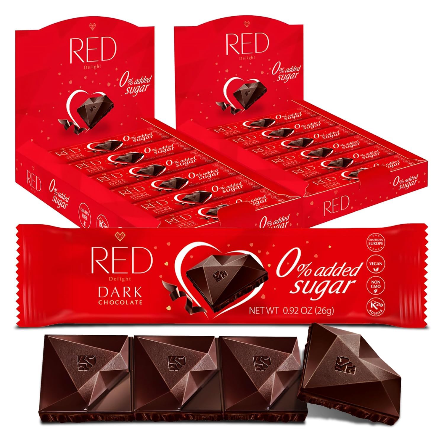 Red Delight Dark Chocolate Snack Size Bars - 0.92 oz, Pack of 24, Diamond-Shaped Keto Chocolate Bars - Keto Candy - Birthday Gift with 14” Plush Teddy