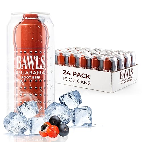 BAWLS Guarana Root Beer - Guarana Fueled Soda for Energy, High Caffeinated Drink, 16oz 24 Pack Cans