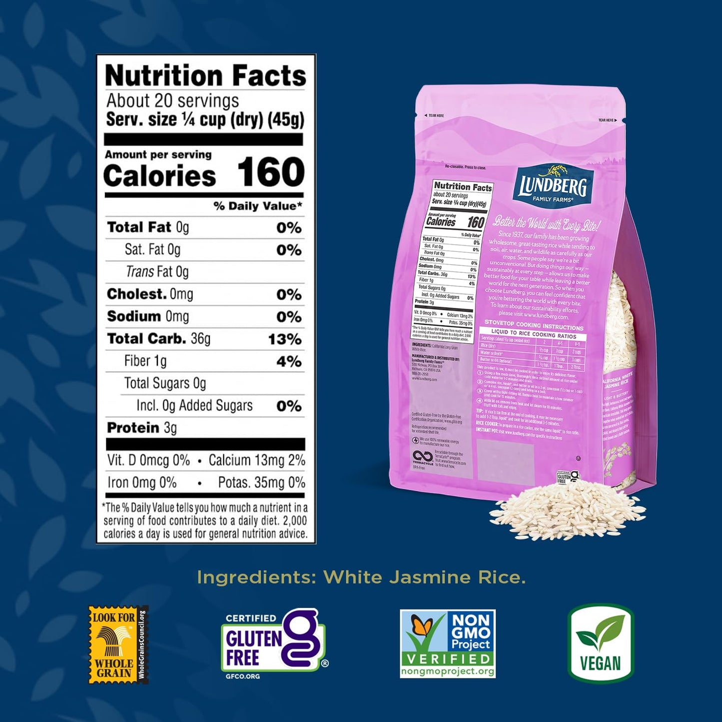 Lundberg Jasmine Rice, Long Grain White Rice - Non-Sticky, Fluffy Aromatic Rice, Sustainably Grown in California, Pantry Staples, 32 Oz