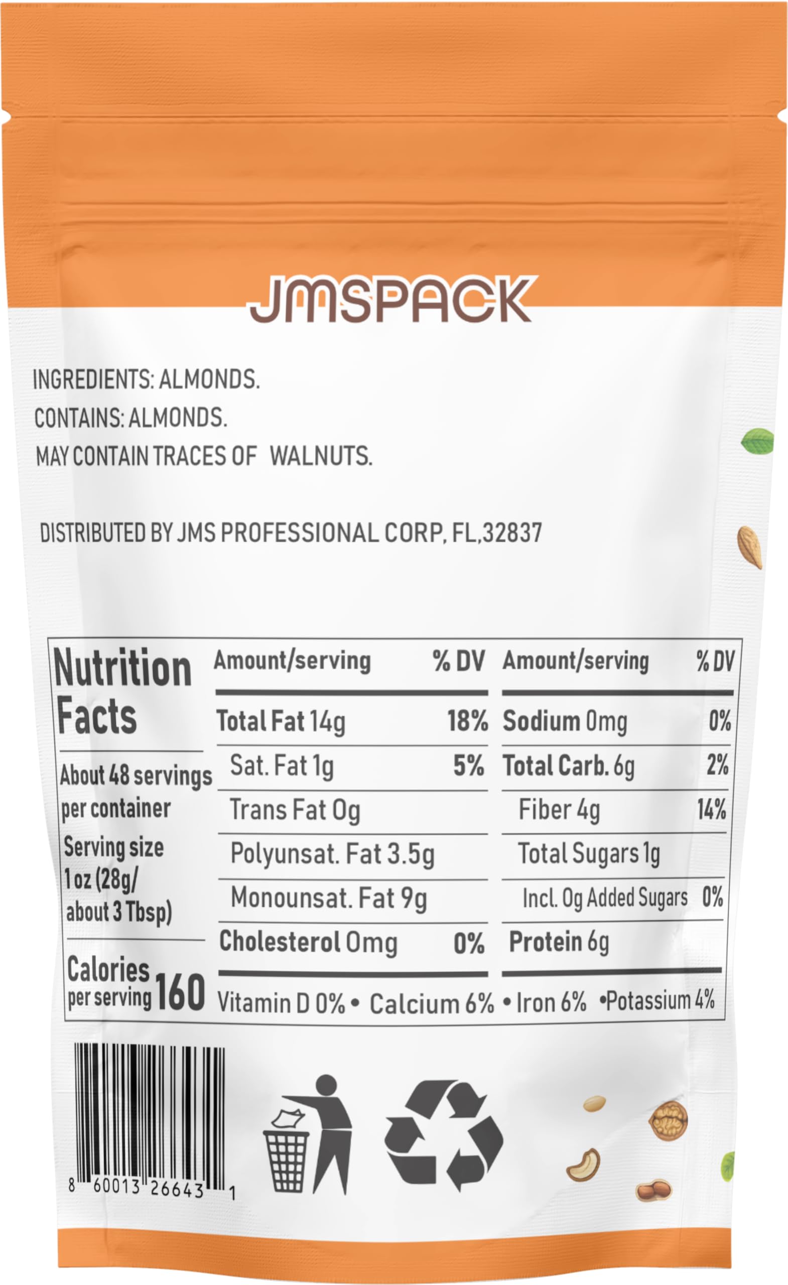 JMSPACK - Natural Whole Almonds, 16 ounce (1 lb)