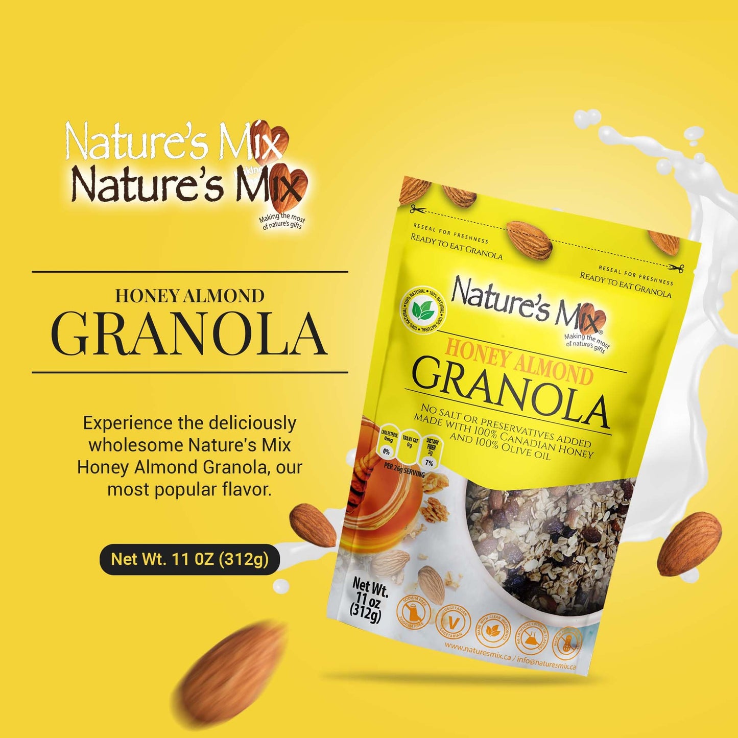 Nature's Mix - Honey Almond Granola - Almonds, Raisins, Dried Currants - Sweetened with Canadian Honey - No Sugar, Salt, or Preservatives - Small