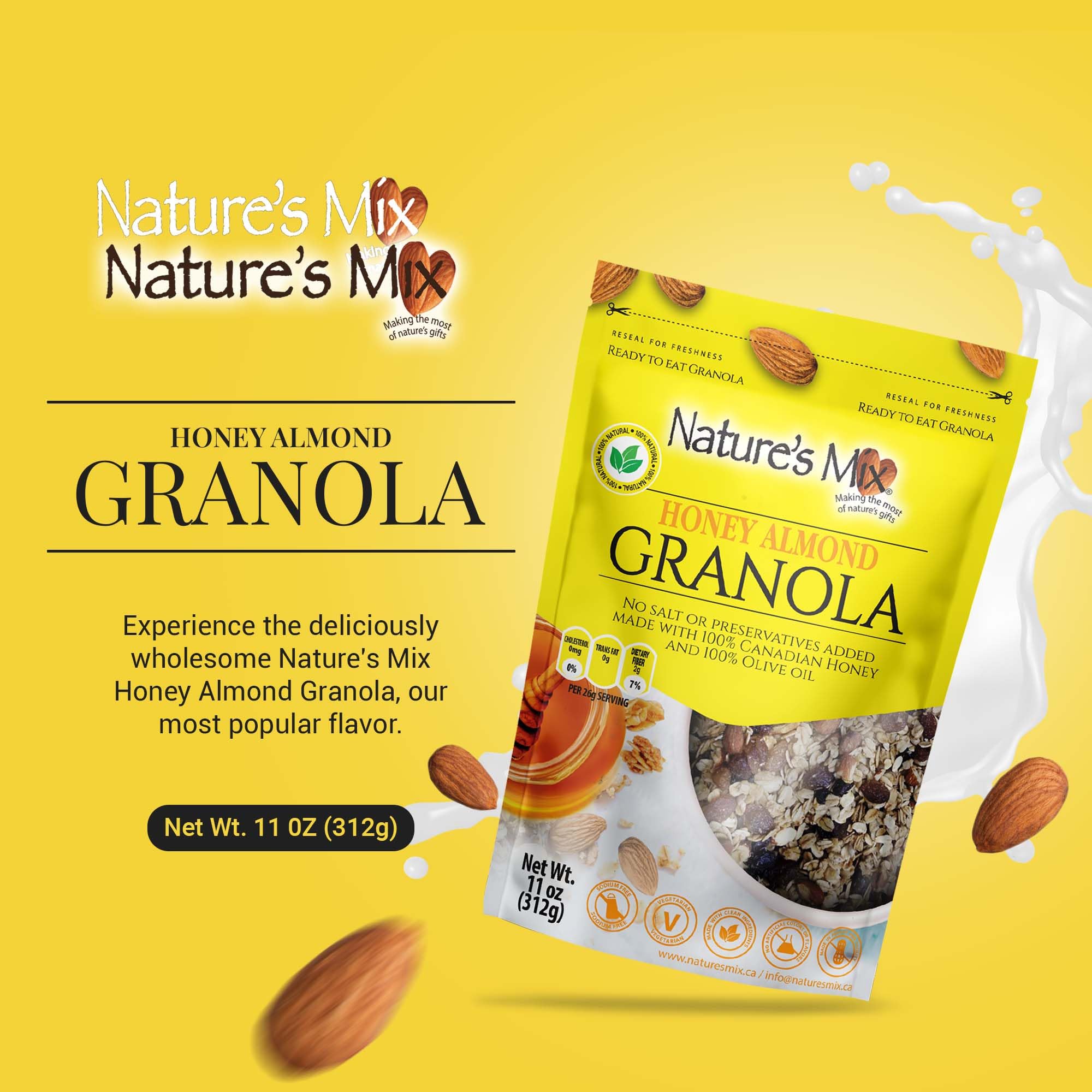 Nature's Mix - Honey Almond Granola - Almonds, Raisins, Dried Currants - Sweetened with Canadian Honey - No Sugar, Salt, or Preservatives - Small