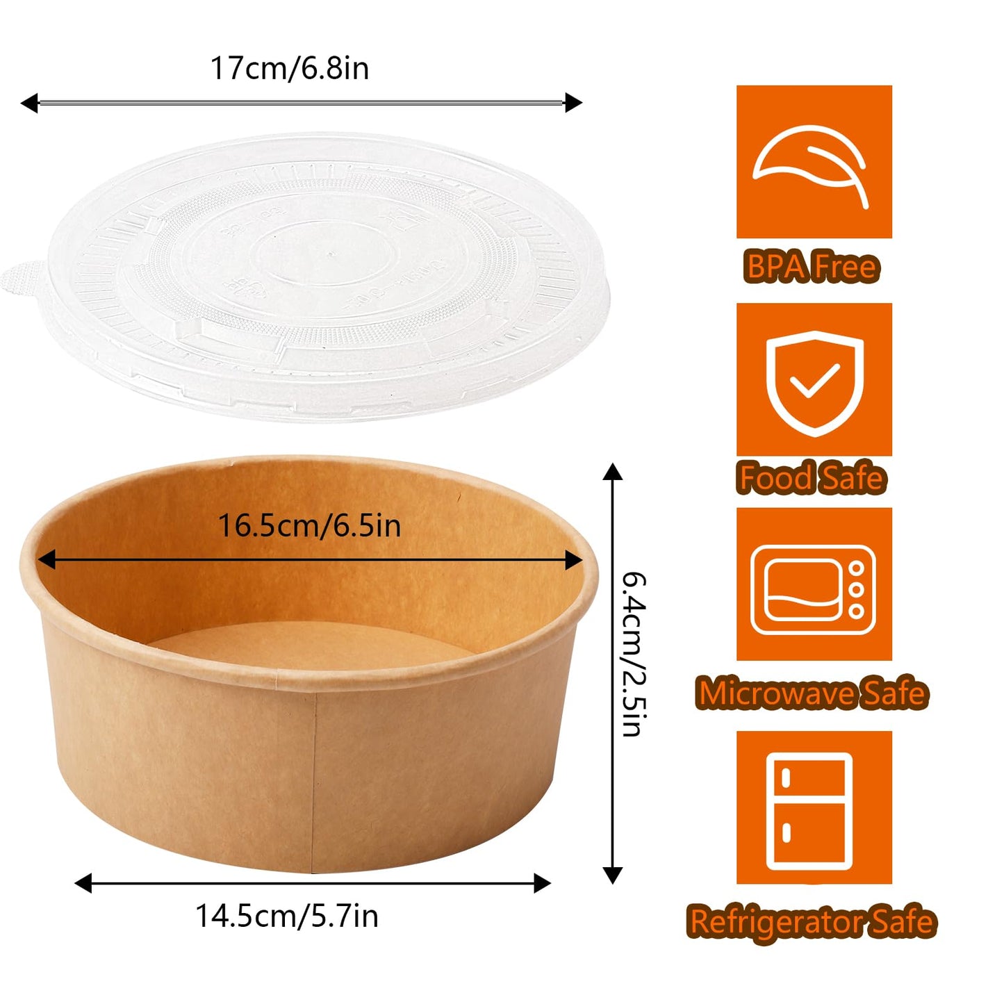 Gabotrie 50 Pack Large Paper Bowls with Lids, 36 Oz Kraft Round Paper Bowl, Disposable Salad Bowl with Lids, Disposable Soup Bowl Take Out Containers