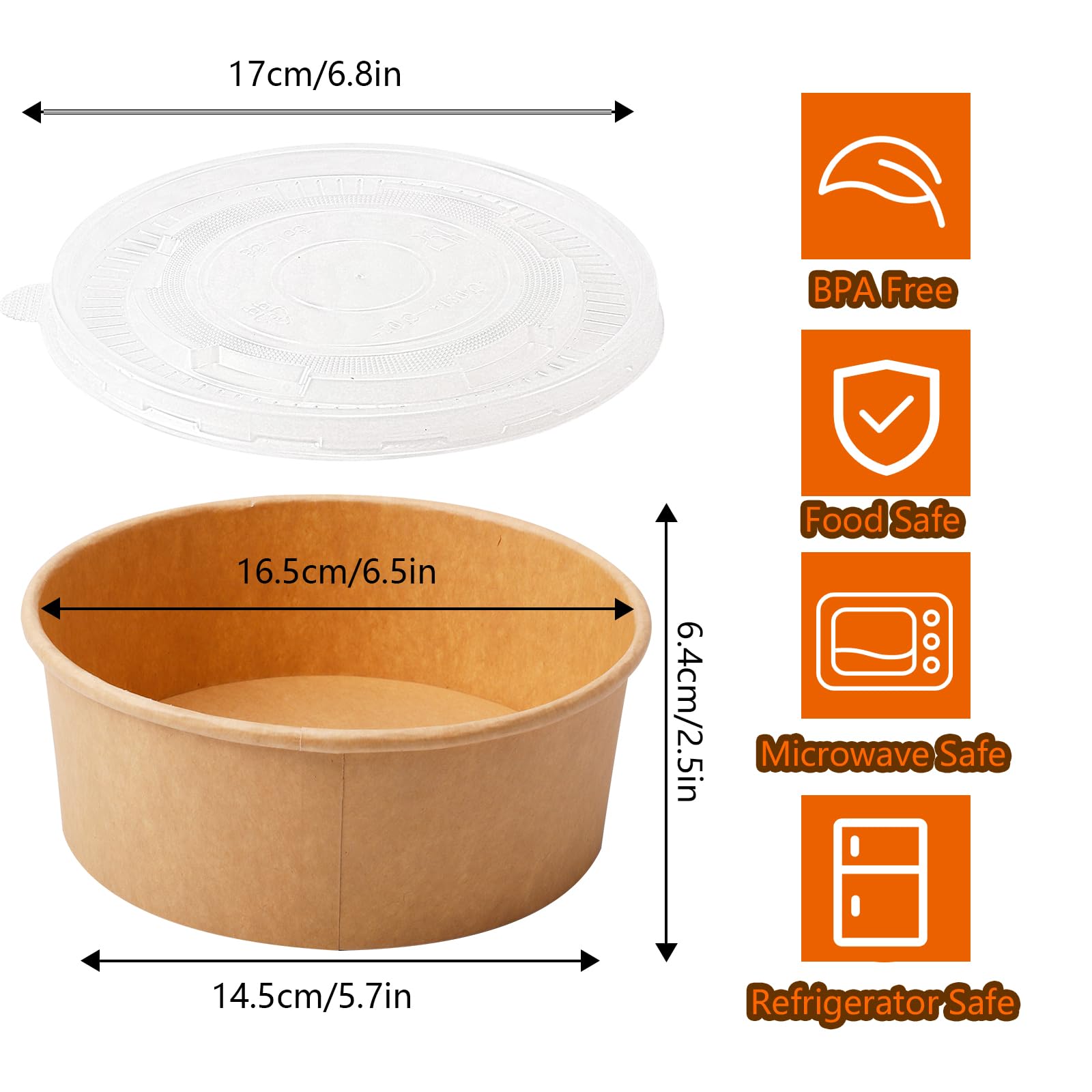 Gabotrie 50 Pack Large Paper Bowls with Lids, 36 Oz Kraft Round Paper Bowl, Disposable Salad Bowl with Lids, Disposable Soup Bowl Take Out Containers