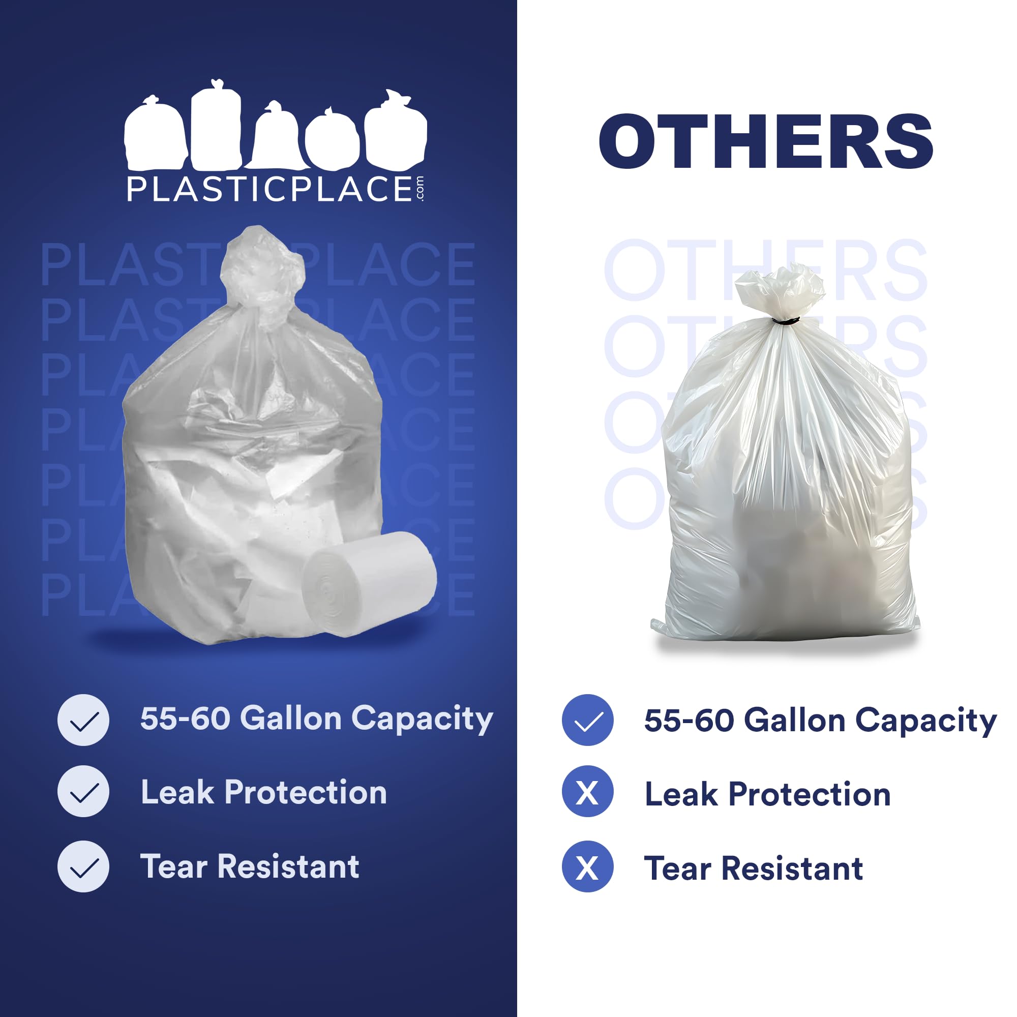 Plasticplace 55-60 Gallon Trash Bags, Heavy Duty Black Garbage Bags, 100 Count for Lawn, Yard, and Outdoor Waste Disposal, Ideal for Industrial Trash