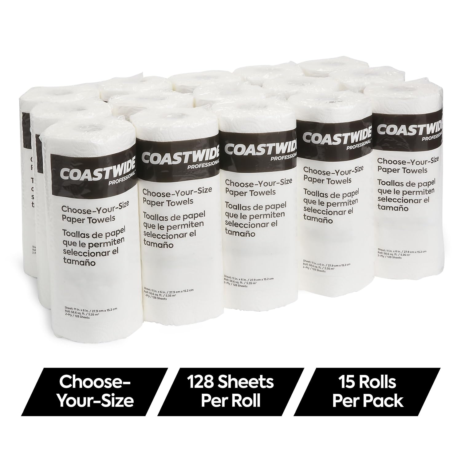Coastwide Professional Choose-Your-Size Paper Towels, 2-Ply, White, 128 Sheets/Roll, 15 Rolls/Carton