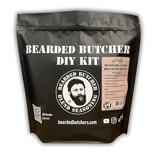 Bearded Butchers Mushroom & Swiss Bratwurst DIY Kit - For Homemade Brats, Great with Pork, Venison, Beef, Elk, or Bison - Includes Bratwurst