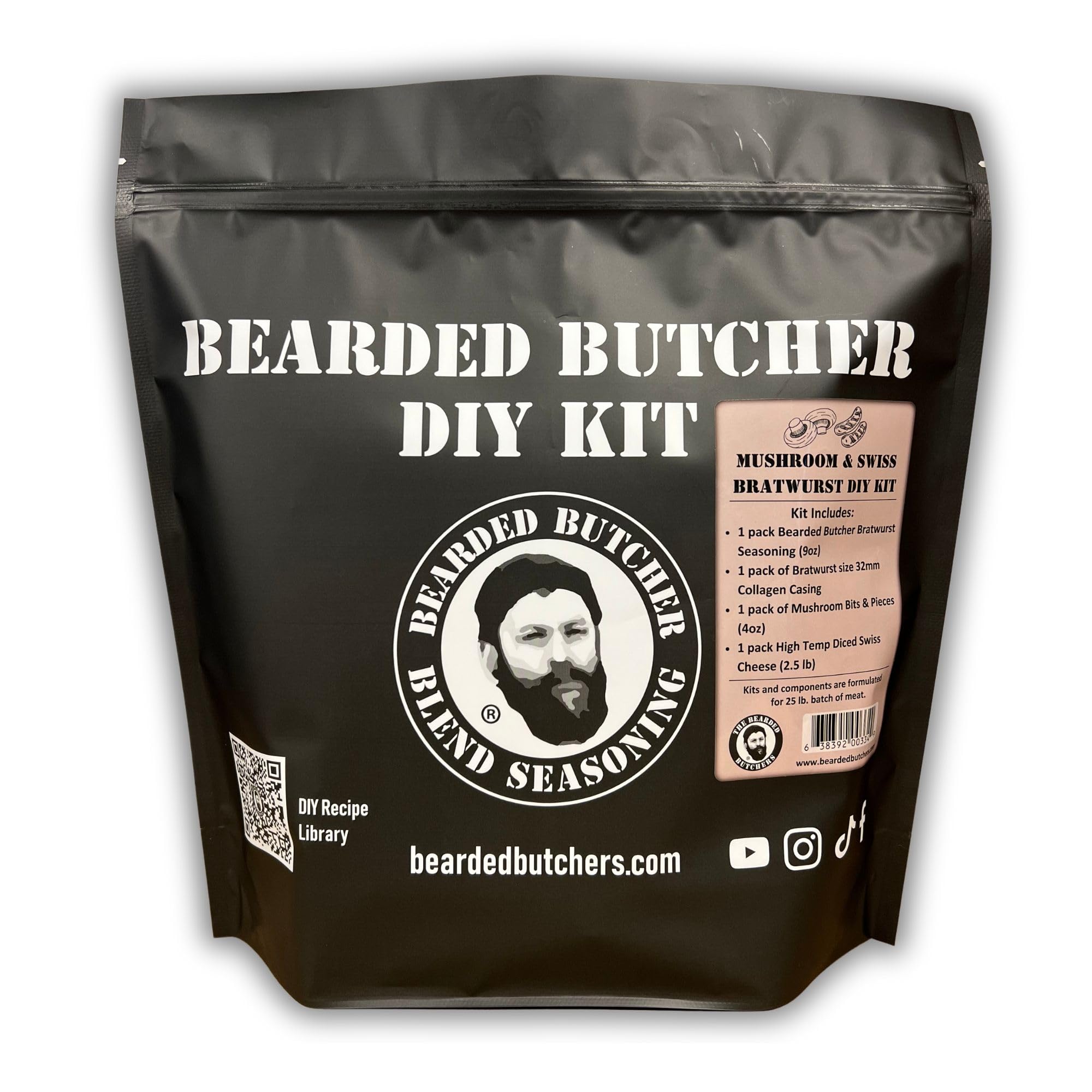 Bearded Butchers Mushroom & Swiss Bratwurst DIY Kit - For Homemade Brats, Great with Pork, Venison, Beef, Elk, or Bison - Includes Bratwurst