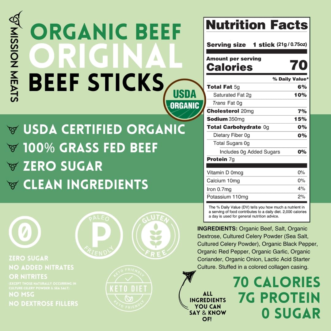 Mission Meats Organic Beef Sticks - Grass Fed & Pasture-Raised, Zero Sugar, Non-GMO, Healthy Organic Snacks, Individually Wrapped Meat Sticks, 0.75oz