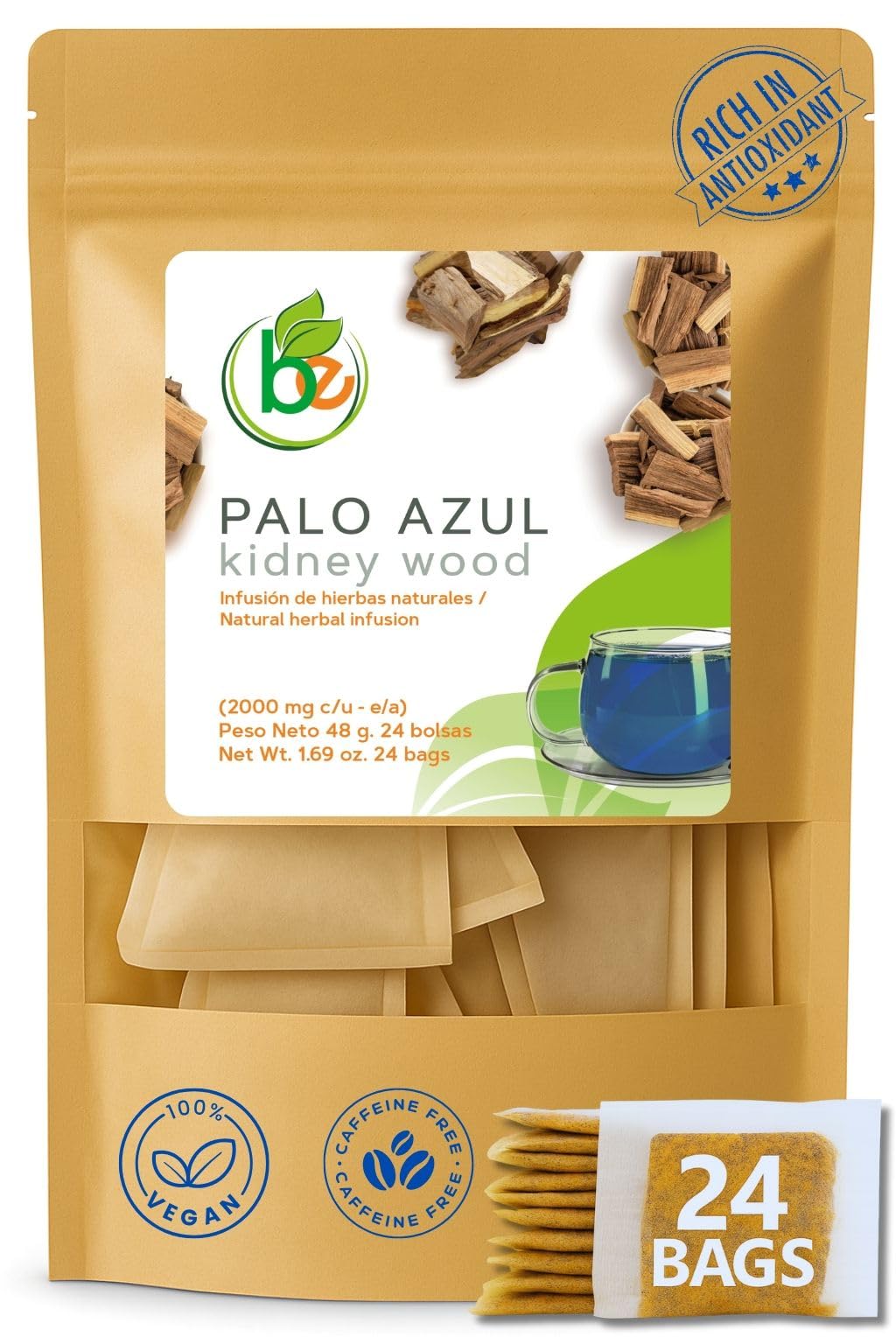Palo Azul Herbal Tea - 24 Tea Bags - Kidneywood (Blue Stick) Infusion - 100% Natural, Vegan, Non-GMO - Authentic Mexican Tradition - Caffeine-Free