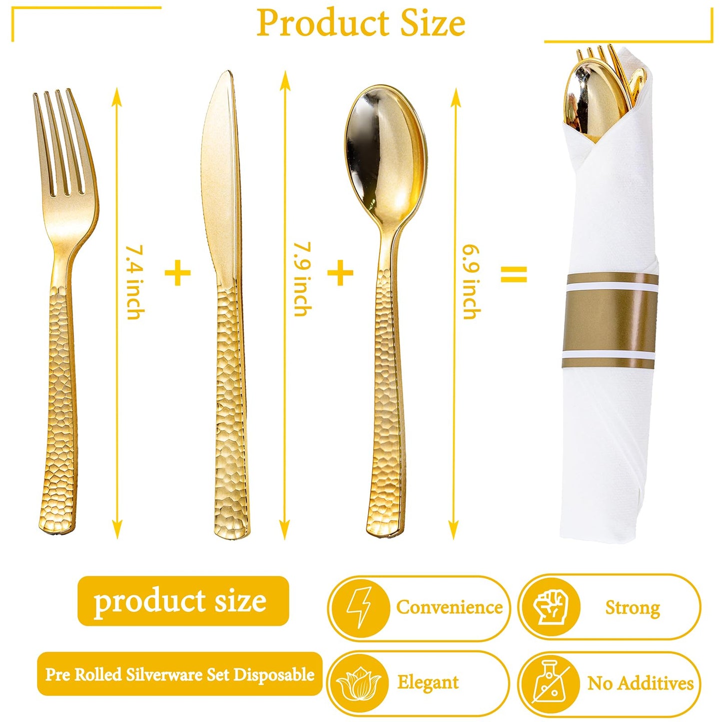 WELLIFE 50 Pack Gold Plastic Silverware with Pre Rolled Napkins,Hammer Pattern Design,Plastic Cutlery Includes: 50 Forks,50 Knives,50 Spoons,50