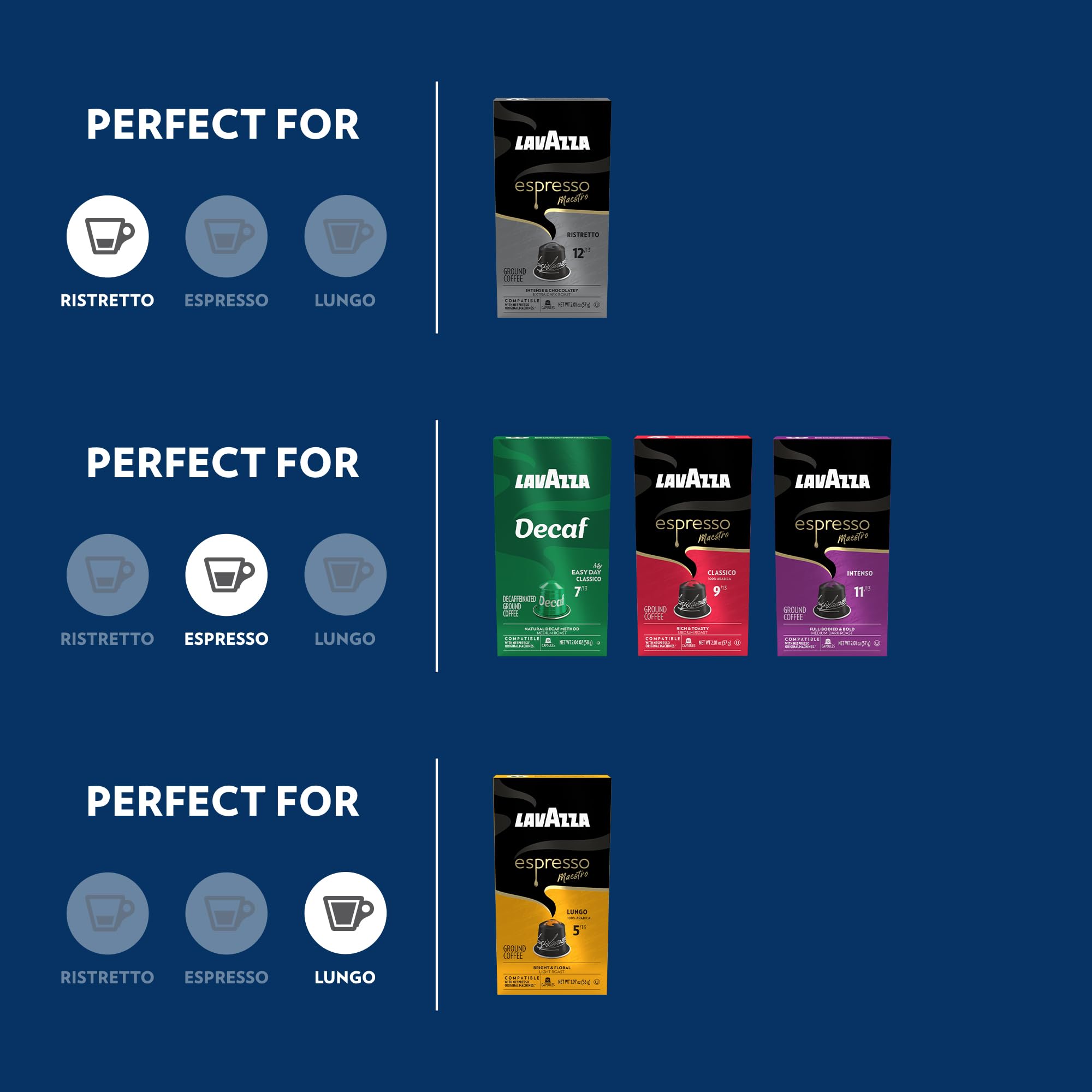 Lavazza Espresso Variety Pack of Aluminum Capsules Compatible with Nespresso* Original Machines, Contains Light, Medium, and Dark Espresso Roast (60