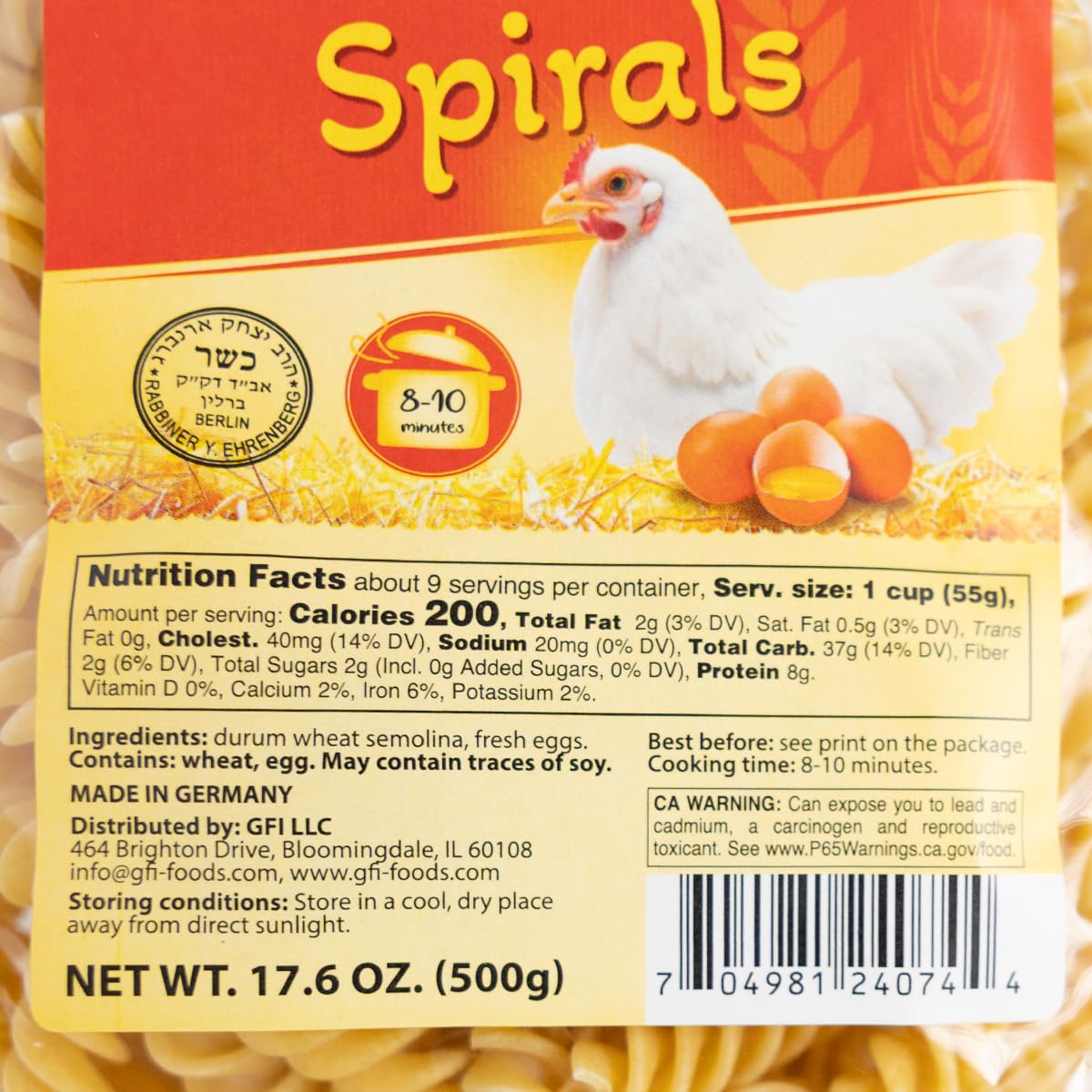 BAIERSBRONN Spirals Egg Noodles 2.2lb(2x1.1lb) - Restaurant-Quality Texture from Germany, Kosher, Made with 100% Pure Durum Semolina & Fresh Eggs