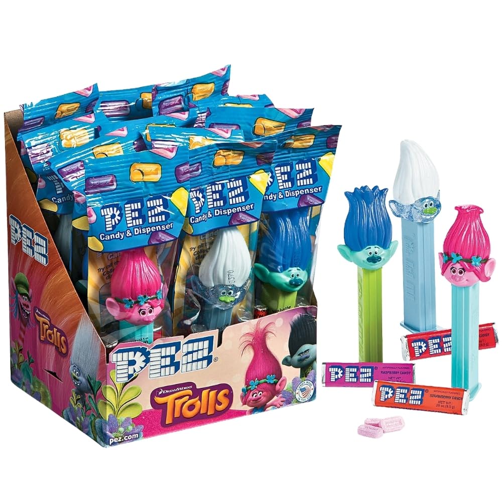 Fun Express - Trolls Pez Dispensers for Party - Edibles - Hard Candy - Dextrose - Party - 12 Pieces