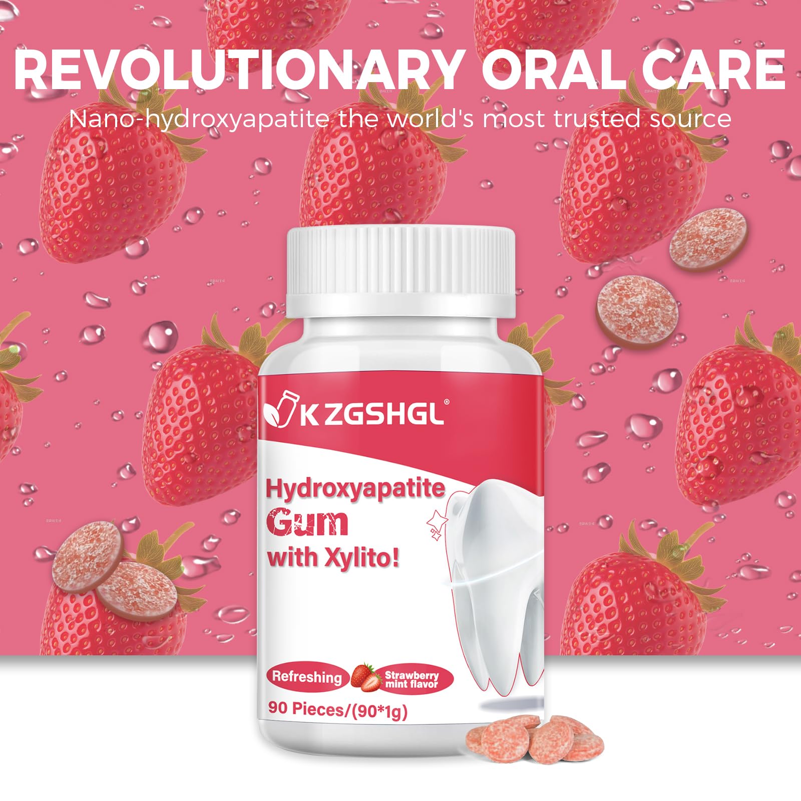Hydroxyapatite Gum, 90 Pieces, Good for Teeth Remineralization, Sugar-Free Strawberry Chewing Gum with Xylitol, Two pieces after meals to freshen