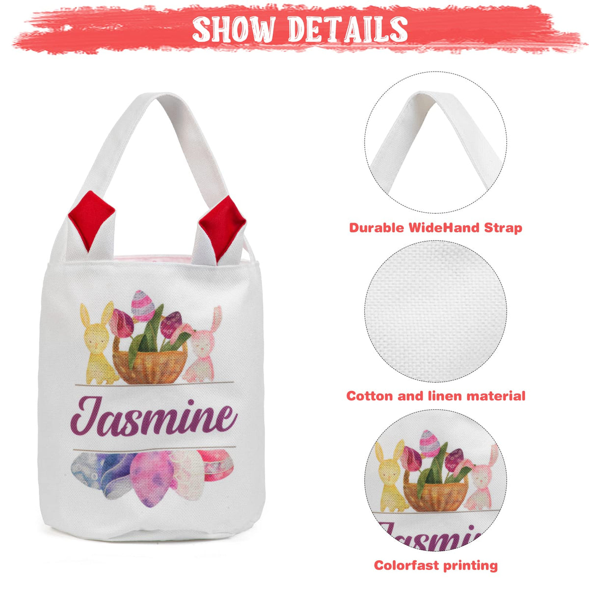 JewelOra Personalized Easter Bunny Basket Bags, Cotton Customized Name Candy Egg Basket Rabbit Print Buckets Cute Easter Basket Toys Bucket Tote Gift