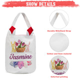 JewelOra Personalized Easter Bunny Basket Bags, Cotton Customized Name Candy Egg Basket Rabbit Print Buckets Cute Easter Basket Toys Bucket Tote Gift