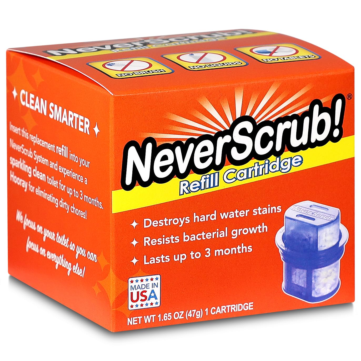 NeverScrub! Refill Cartridge Self Cleaning Toilet System - Replacement Cartridge for Automatic Toilet Bowl Cleaner - 1.65 oz, Lasts Up To 3-5 Months