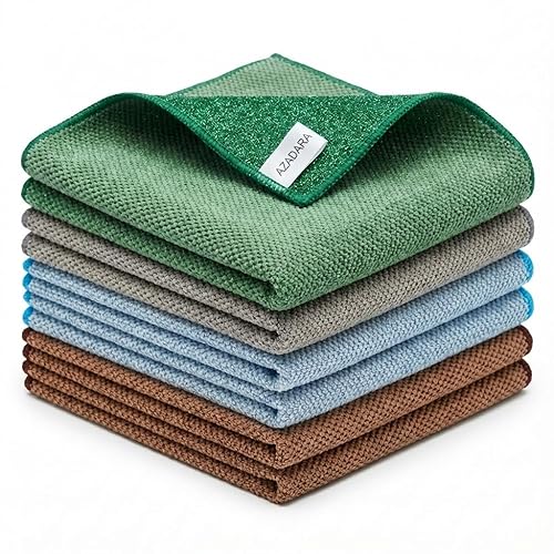 AZADARA 2-in-1 Scrub & Wipe Microfiber Cleaning Cloths - Non-Scratch Scrubbing Side + Soft Absorbent Side - Reusable Dual-Sided Cleaning Towels (6