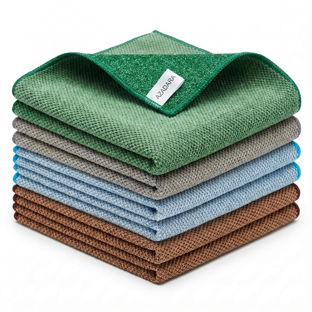 AZADARA 2-in-1 Scrub & Wipe Microfiber Cleaning Cloths - Non-Scratch Scrubbing Side + Soft Absorbent Side - Reusable Dual-Sided Cleaning Towels (6