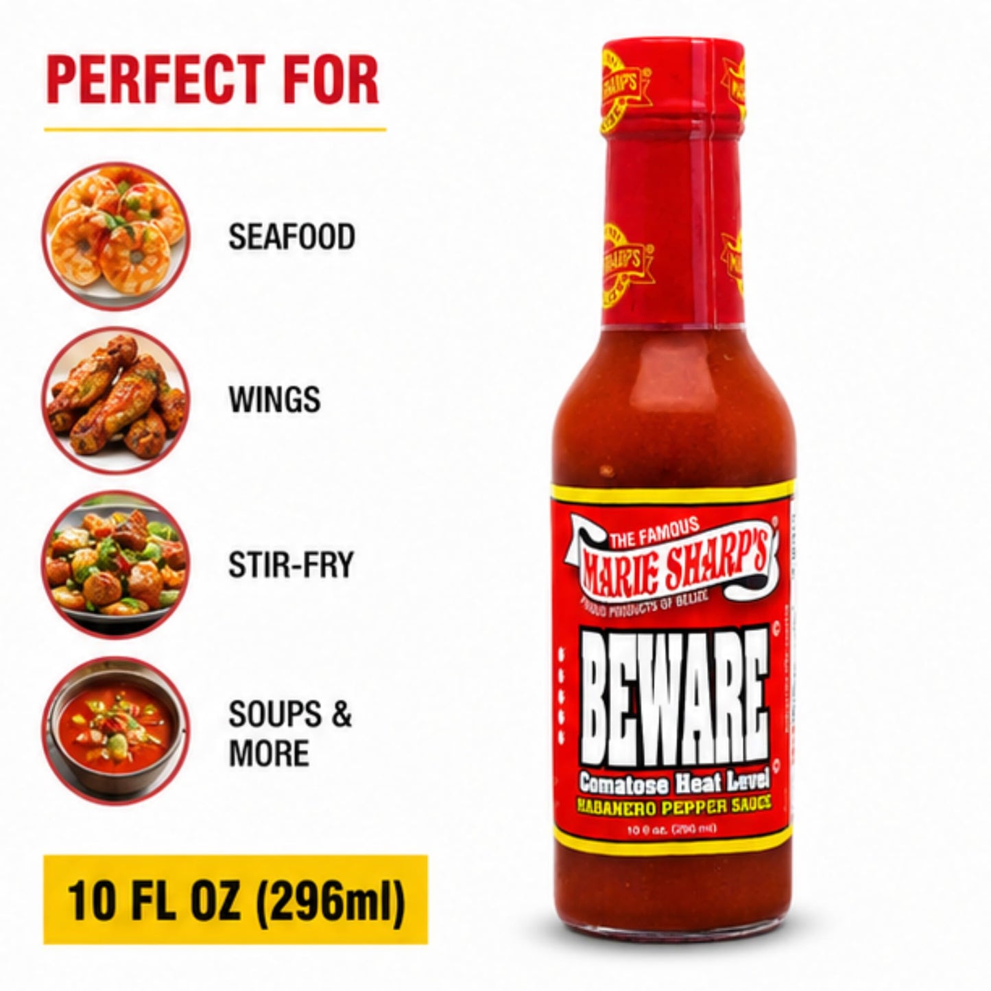 Marie Sharp’s BEWARE Comatose Heat Level Habanero Pepper Sauce, 10 oz | Extreme Heat Hot Sauce from Belize | All-Natural, No Preservatives |