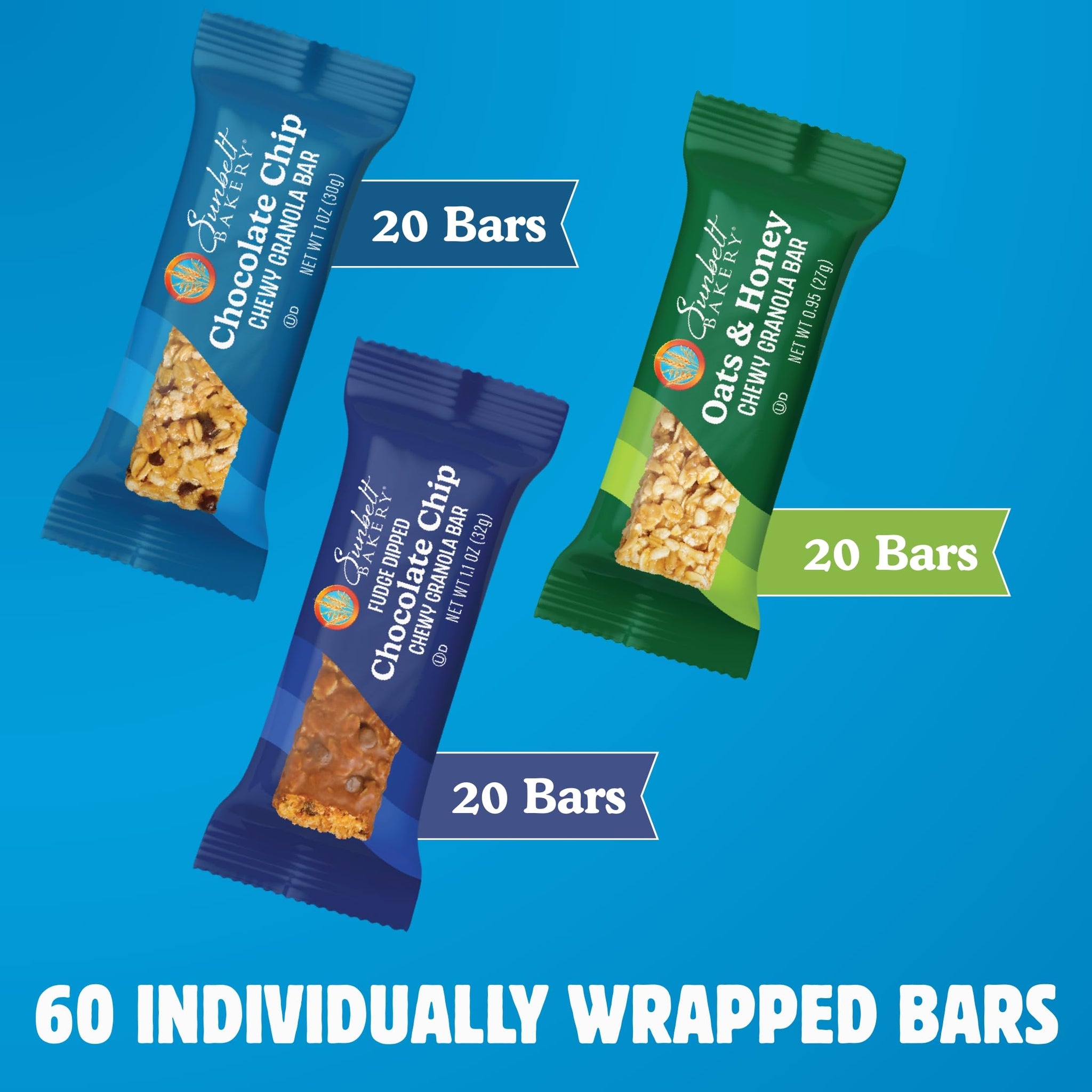 Sunbelt Bakery Fan Favorite Pack, 3 Flavor Chewy Granola Bar Variety Pack, 60 Piece Assortment