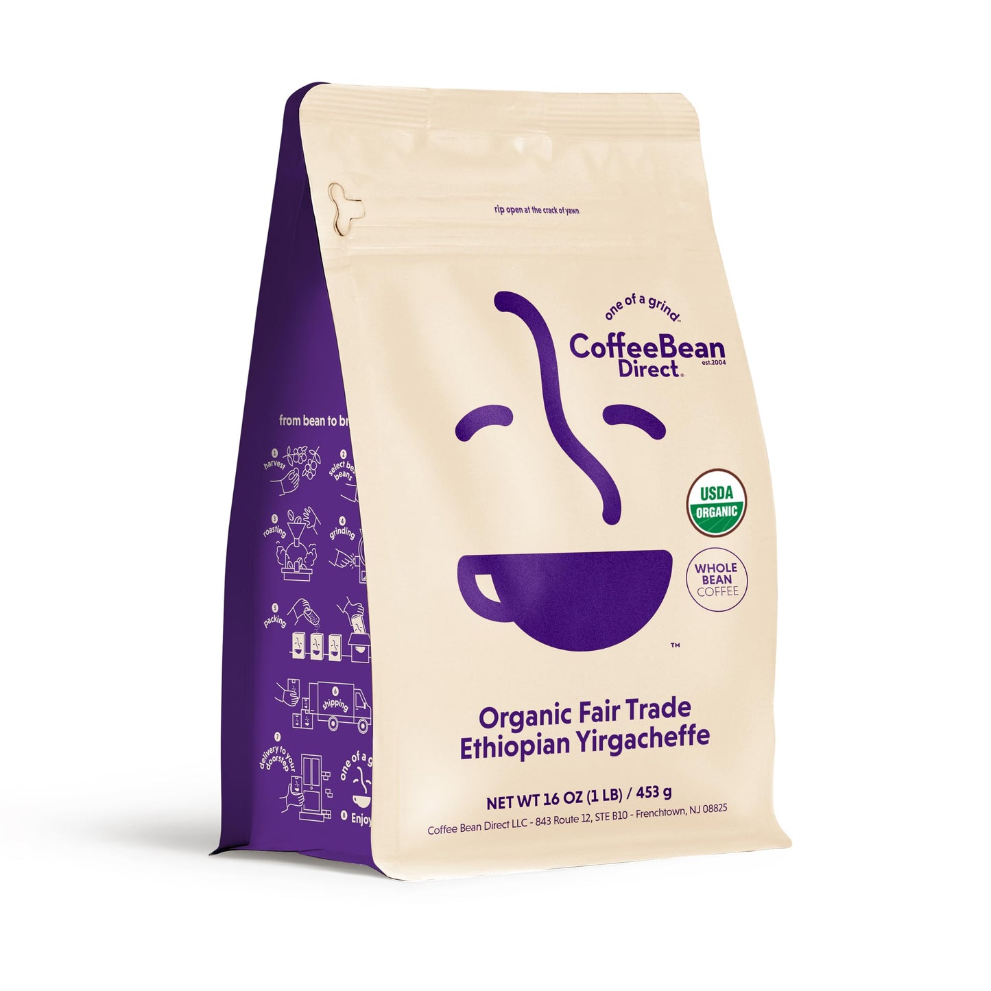 Coffee Bean Direct Organic Fair Trade Ethiopian Yirgacheffe, Whole Bean Coffee, Arabica Coffee, Light Roast, 1 Pound Bag (Pack of 1)