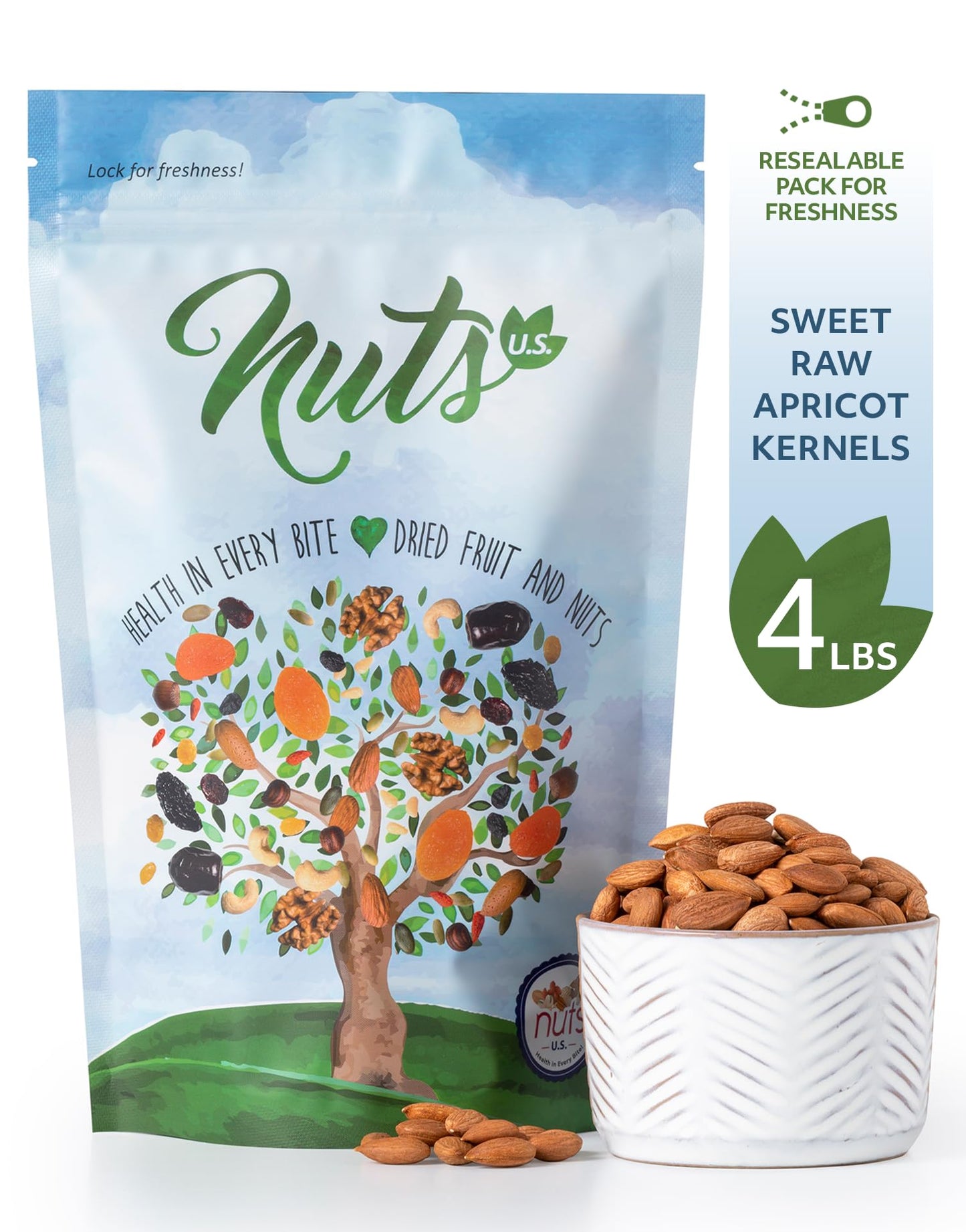 NUTS U.S. - Sweet Raw Apricot Kernels (Seeds) | Unpasteurized and Non-GMO | No Sulphure | Packed In Resealable Bags!!! (4 LB)