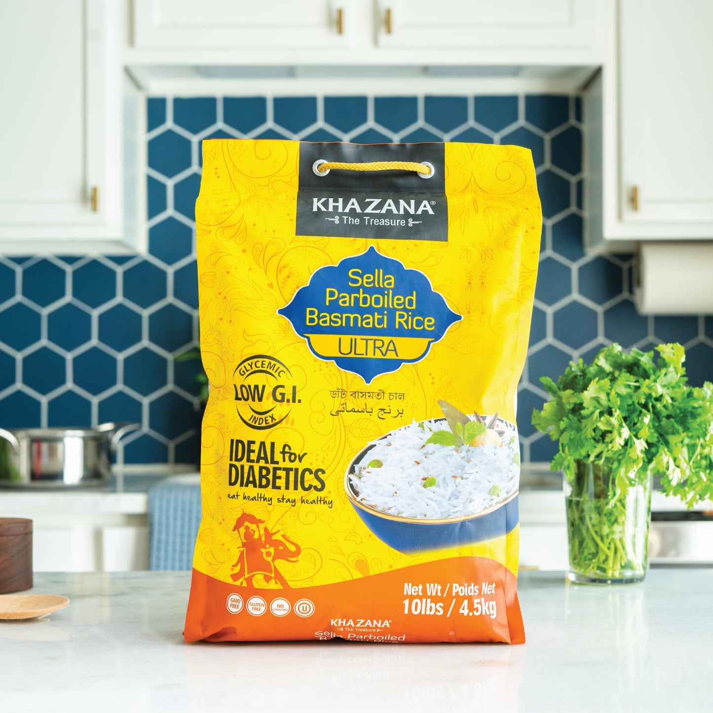 Authentic Ultra Long Sella Parboiled Basmati Rice by Khazana in 10 lb Bag - Aromatic and Flavorful Indian Grain - Non-GMO, Gluten Free, Kosher, Cholesterol Free