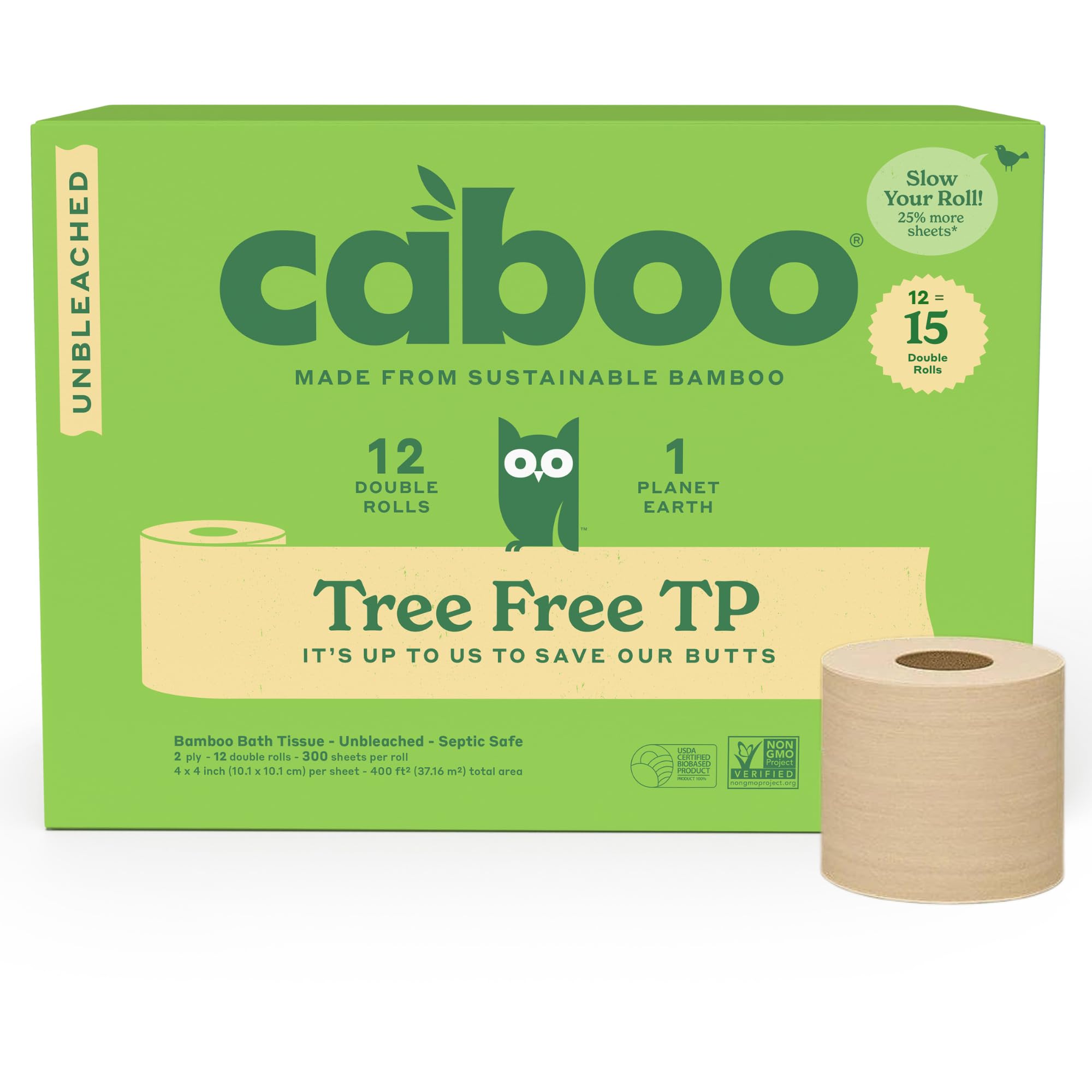 Caboo Tree Free Unbleached Toilet Paper | Plastic Free Packaging, Septic Safe, Eco Friendly, Chemical Free, Non Toxic | 2 Ply Toilet Tissue, Pack